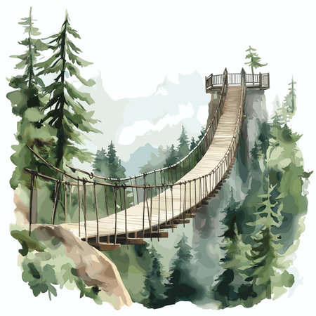 Capilano Suspension Bridge Park. Capilano Suspension Bridge Park hand drawn watercolor illustration on white backgroundのイラスト素材
