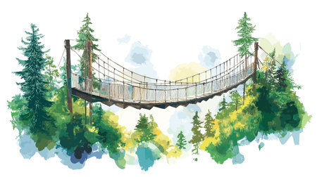 Capilano Suspension Bridge Park. Capilano Suspension Bridge Park hand drawn watercolor illustration on white backgroundのイラスト素材