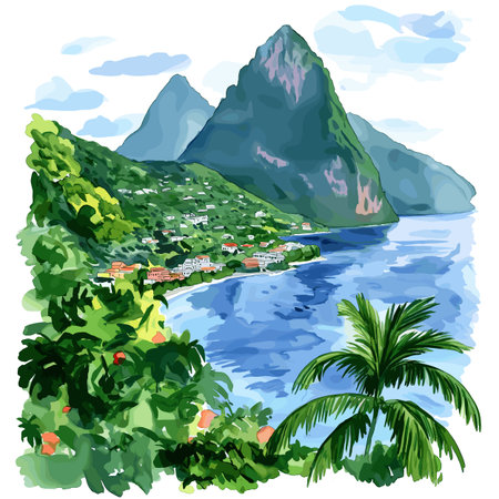 Castries and the Pitons. Castries and the Pitons hand drawn watercolor illustration on white...