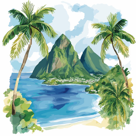 Castries and the Pitons. Castries and the Pitons hand drawn watercolor illustration on white backgroundのイラスト素材
