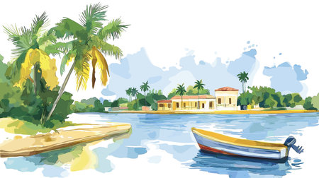 Cienfuegos Bay. Cienfuegos Bay hand drawn watercolor illustration on white backgroundのイラスト素材