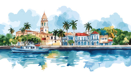 Cienfuegos Bay. Cienfuegos Bay hand drawn watercolor illustration on white backgroundのイラスト素材
