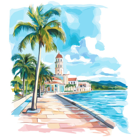 Cienfuegos Bay. Cienfuegos Bay hand drawn watercolor illustration on white backgroundのイラスト素材
