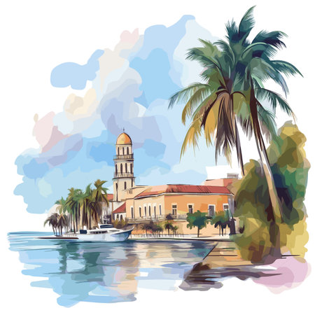 Cienfuegos Bay. Cienfuegos Bay hand drawn watercolor illustration on white backgroundのイラスト素材