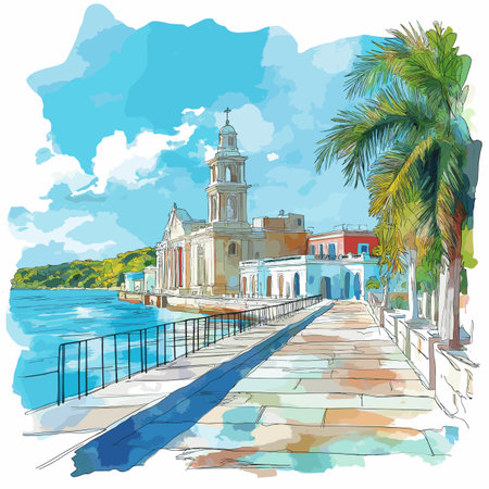 Cienfuegos Bay. Cienfuegos Bay hand drawn watercolor illustration on white backgroundのイラスト素材