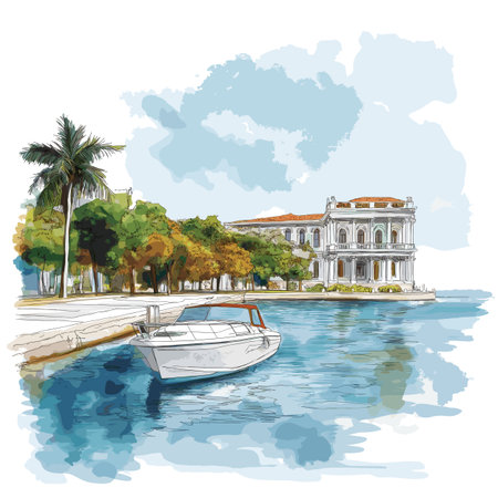 Cienfuegos Bay. Cienfuegos Bay hand drawn watercolor illustration on white backgroundのイラスト素材