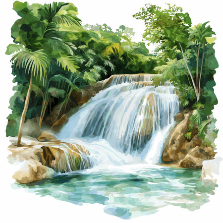 Dunn's River Falls. Dunn's River Falls hand drawn watercolor illustration on white backgroundのイラスト素材
