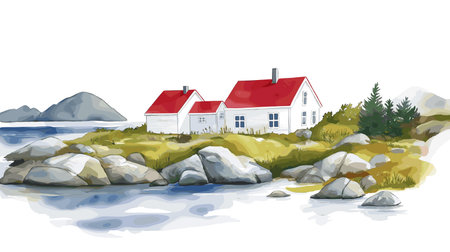 Fogo Island. Fogo Island hand drawn watercolor illustration on white backgroundのイラスト素材