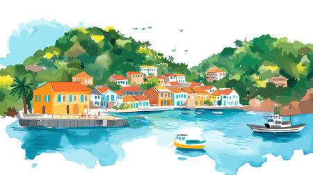 English Harbour. English Harbor hand drawn watercolor illustration on white backgroundのイラスト素材