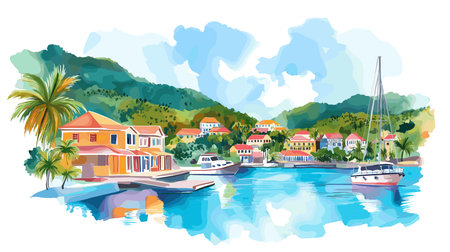 English Harbour. English Harbor hand drawn watercolor illustration on white backgroundのイラスト素材