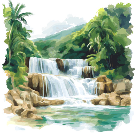Dunn's River Falls. Dunn's River Falls hand drawn watercolor illustration on white backgroundのイラスト素材