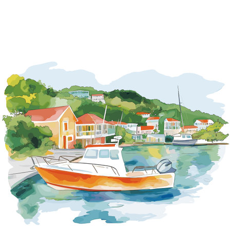 English Harbour. English Harbor hand drawn watercolor illustration on white backgroundのイラスト素材