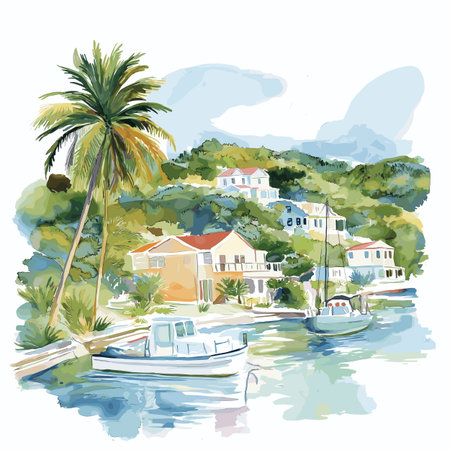 English Harbour. English Harbor hand drawn watercolor illustration on white backgroundのイラスト素材