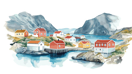 Fogo Island. Fogo Island hand drawn watercolor illustration on white backgroundのイラスト素材