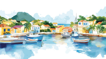 English Harbour. English Harbor hand drawn watercolor illustration on white backgroundのイラスト素材