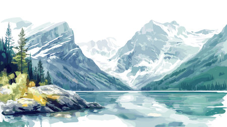 Glacier National Park of Canada. Glacier National Park of Canada hand drawn watercolor illustration on white backgroundのイラスト素材
