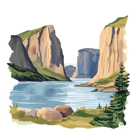 Gros Morne National Park. Gros Morne National Park hand drawn watercolor illustration on white backgroundのイラスト素材