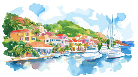 Gustavia. Gustavia hand drawn watercolor illustration on white backgroundのイラスト素材