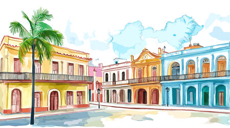 Havana Old Town. Havana Old Town hand drawn watercolor illustration on white backgroundのイラスト素材