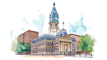 Independence Hall. Independence Hall hand drawn watercolor illustration on white backgroundのイラスト素材