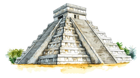 Chichen Itza. Chichen Itza hand drawn watercolor illustration on white backgroundのイラスト素材