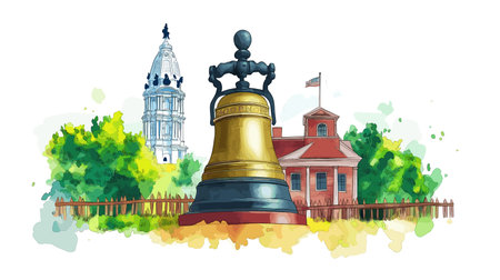 Independence Hall and Liberty Bell. Independence Hall and Liberty Bell hand drawn watercolor illustration on white backgroundのイラスト素材