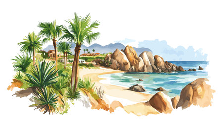 Los Cabos. Los Cabos hand drawn watercolor illustration on white backgroundのイラスト素材