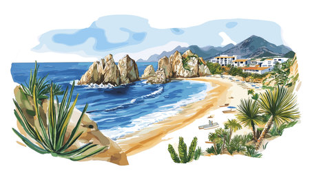 Los Cabos. Los Cabos hand drawn watercolor illustration on white backgroundのイラスト素材