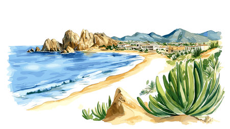 Los Cabos. Los Cabos hand drawn watercolor illustration on white backgroundのイラスト素材