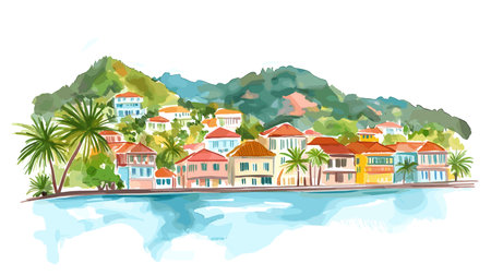 Gustavia. Gustavia hand drawn watercolor illustration on white backgroundのイラスト素材