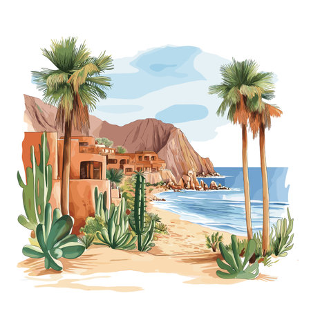 Los Cabos. Los Cabos hand drawn watercolor illustration on white backgroundのイラスト素材