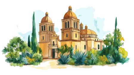 Mexico City Historic Center. Mexico City Historic Center hand drawn watercolor illustration on white backgroundのイラスト素材