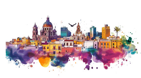 Mexico City. Mexico City hand drawn watercolor illustration on white backgroundのイラスト素材