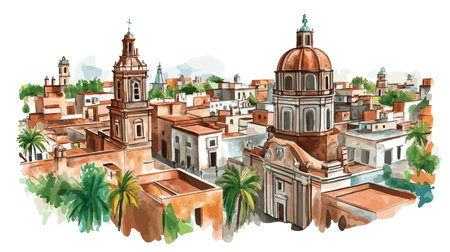 Mexico City Historic Center. Mexico City Historic Center hand drawn watercolor illustration on white backgroundのイラスト素材