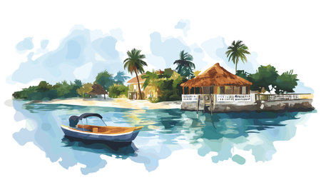 Montego Bay. Montego Bay hand drawn watercolor illustration on white backgroundのイラスト素材