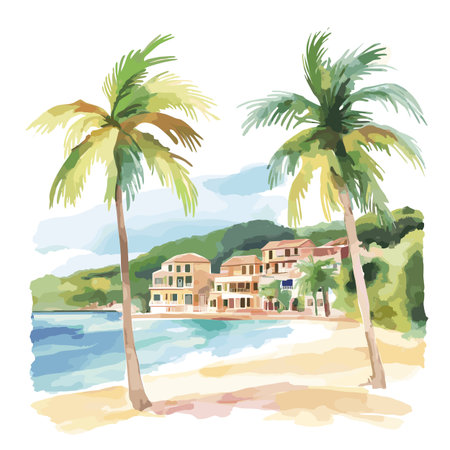 Montego Bay. Montego Bay hand drawn watercolor illustration on white backgroundのイラスト素材