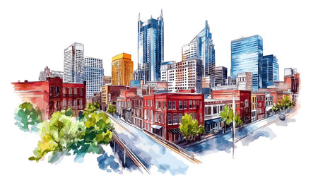 Nashville's Broadway and Music Row. Nashville's Broadway and Music Row hand drawn watercolor illustration on white backgroundのイラスト素材