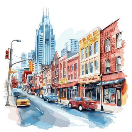 Nashville's Broadway and Music Row. Nashville's Broadway and Music Row hand drawn watercolor illustration on white backgroundのイラスト素材