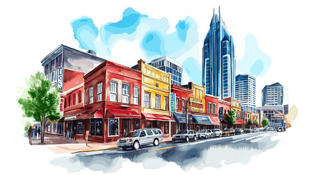 Nashville's Broadway and Music Row. Nashville's Broadway and Music Row hand drawn watercolor illustration on white backgroundのイラスト素材
