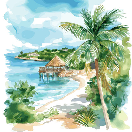 Montego Bay. Montego Bay hand drawn watercolor illustration on white backgroundのイラスト素材