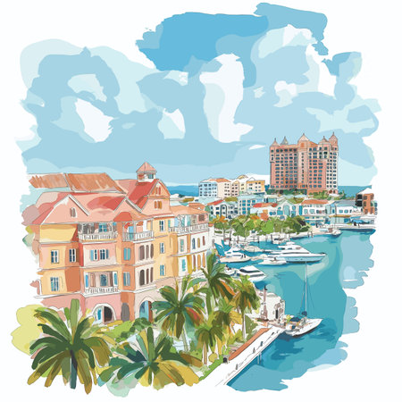 Nassau. Nassau hand drawn watercolor illustration on white backgroundのイラスト素材