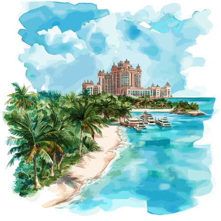 Nassau. Nassau hand drawn watercolor illustration on white backgroundのイラスト素材