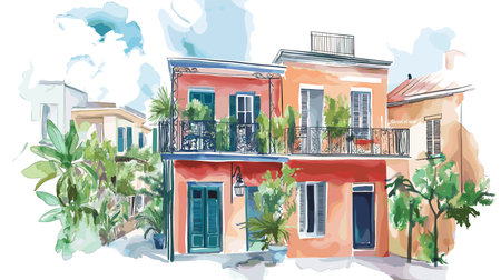New Orleans. New Orleans hand drawn watercolor illustration on white backgroundのイラスト素材