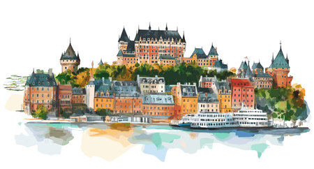 Old Quebec City. Old Quebec City hand drawn watercolor illustration on white backgroundのイラスト素材