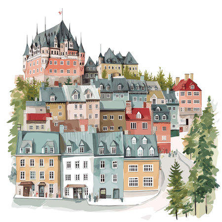 Old Quebec City. Old Quebec City hand drawn watercolor illustration on white backgroundのイラスト素材