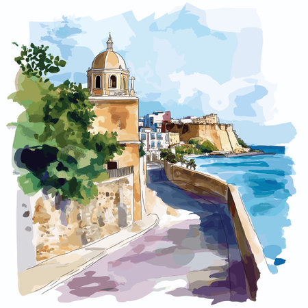 Old San Juan. Old San Juan hand drawn watercolor illustration on white backgroundのイラスト素材