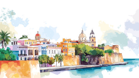 Old San Juan. Old San Juan hand drawn watercolor illustration on white backgroundのイラスト素材