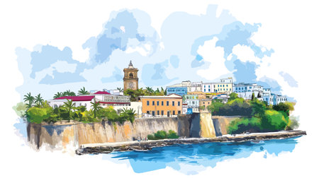 Old San Juan. Old San Juan hand drawn watercolor illustration on white backgroundのイラスト素材