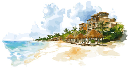 Playa del Carmen. Playa del Carmen hand drawn watercolor illustration on white backgroundのイラスト素材