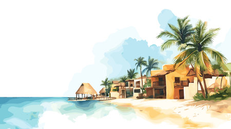 Playa del Carmen. Playa del Carmen hand drawn watercolor illustration on white backgroundのイラスト素材